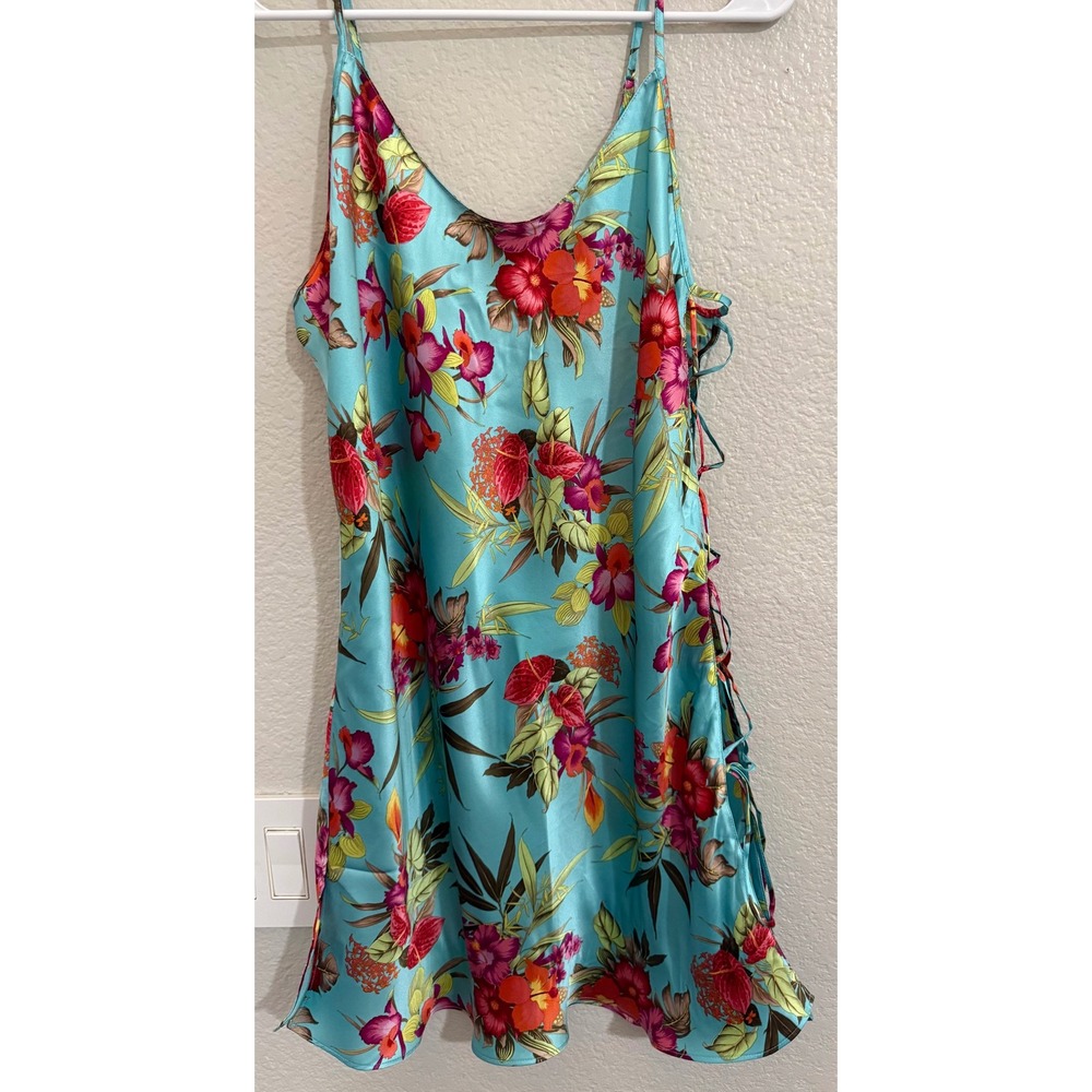 VTG Y2K Victoria's Secret 100% Silk Tropical Open Side Tie Slip Dress Floral L